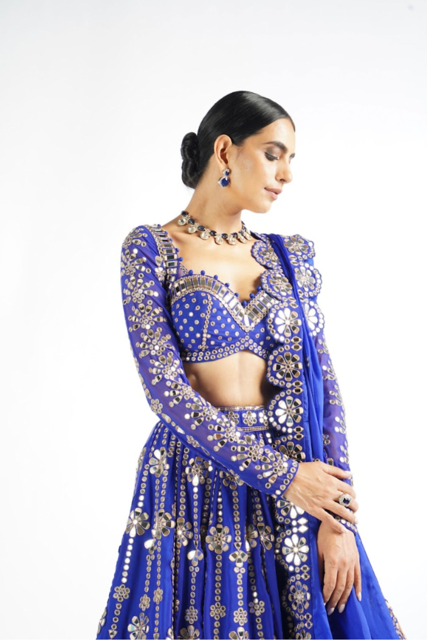 V Vani Vats Royal Blue Big Flower Linear Lehenga Set indian designer wear online shopping melange singapore