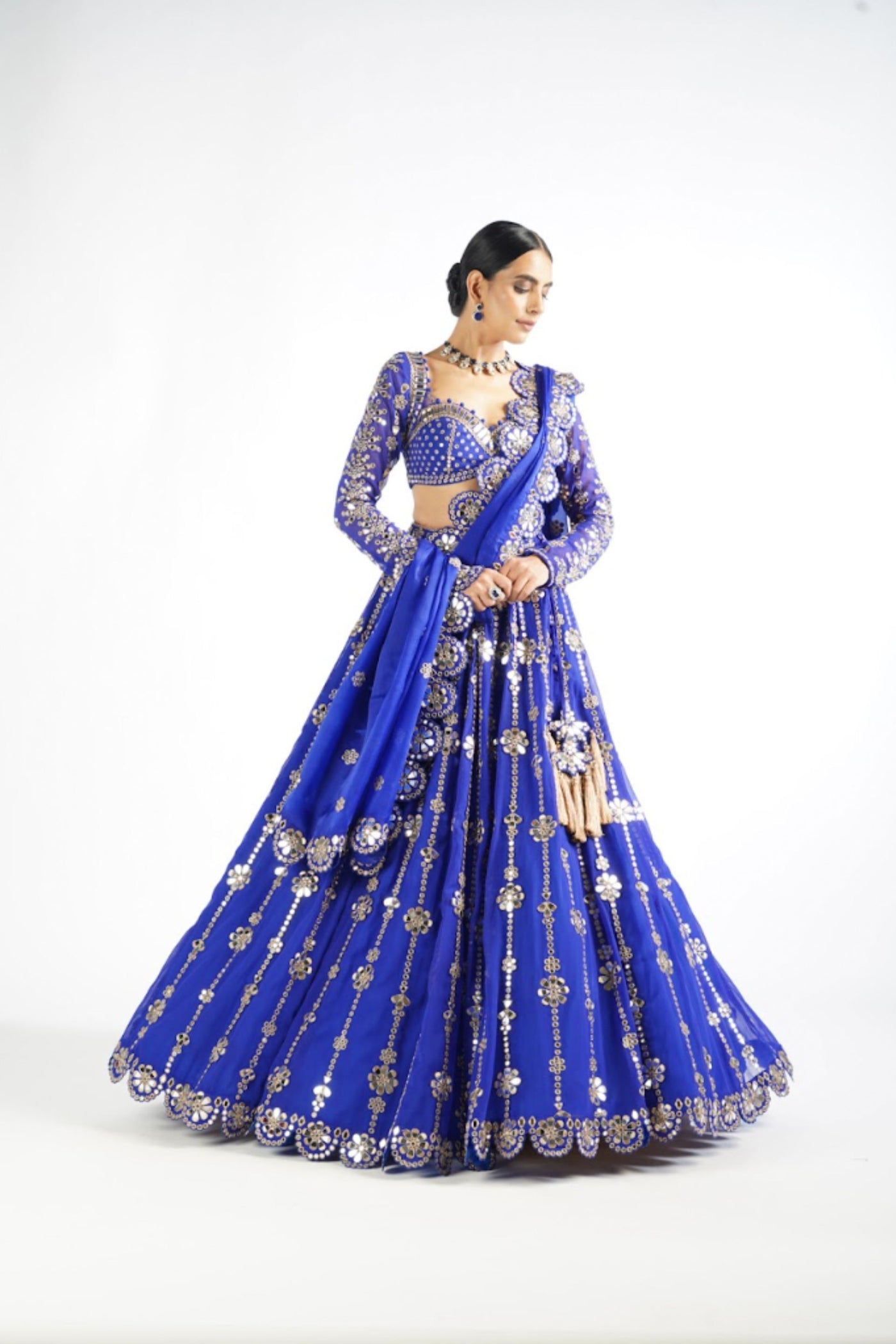 V Vani Vats Royal Blue Big Flower Linear Lehenga Set indian designer wear online shopping melange singapore