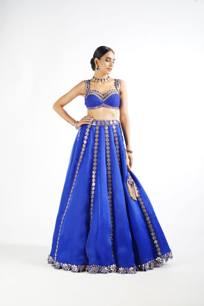 V Vani Vats Royal Blue Flower Linear Lehenga Set indian designer wear online shopping melange singapore