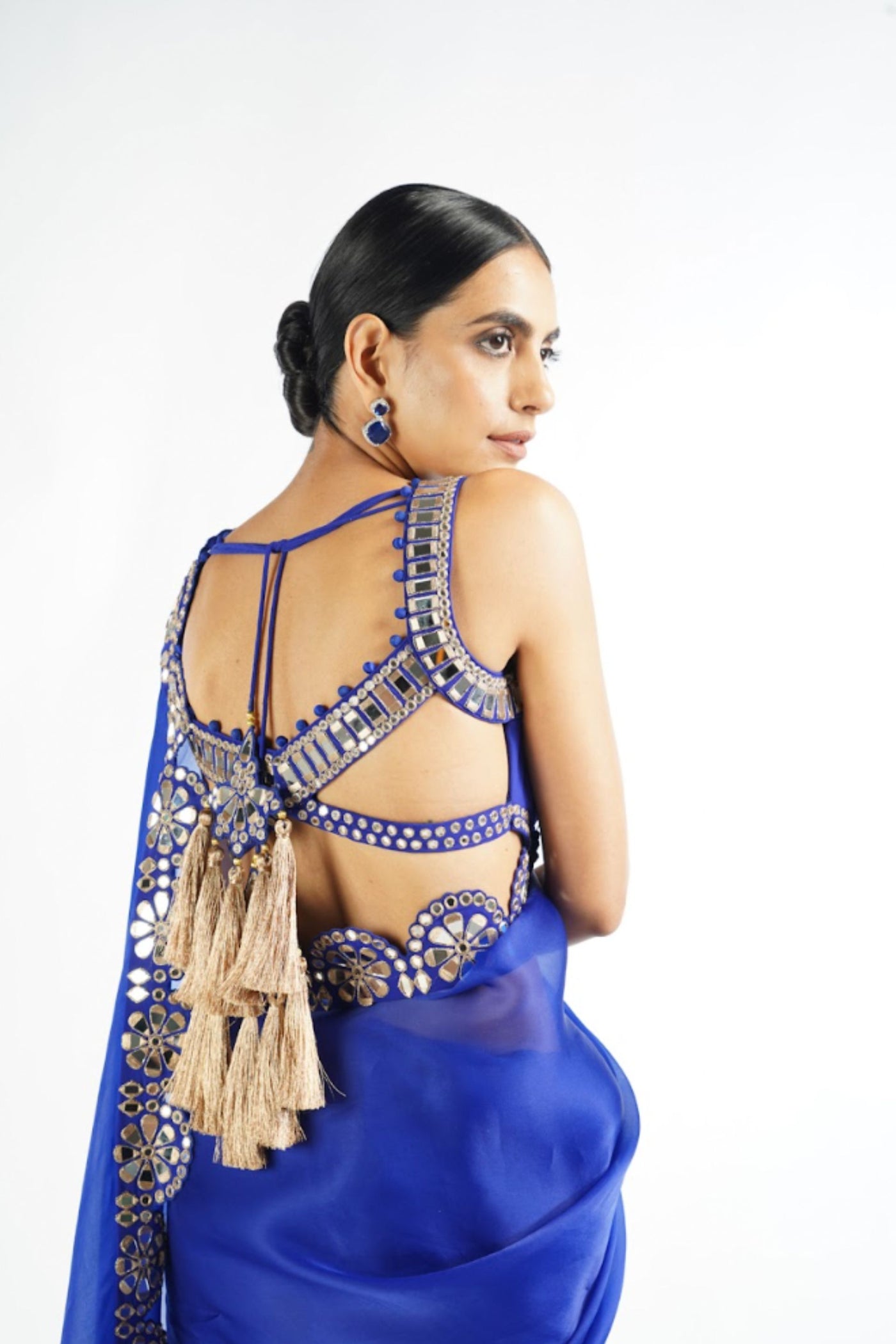 V Vani Vats Royal Blue Mirror Scallop Saree Set indian designer wear online shopping melange singapore