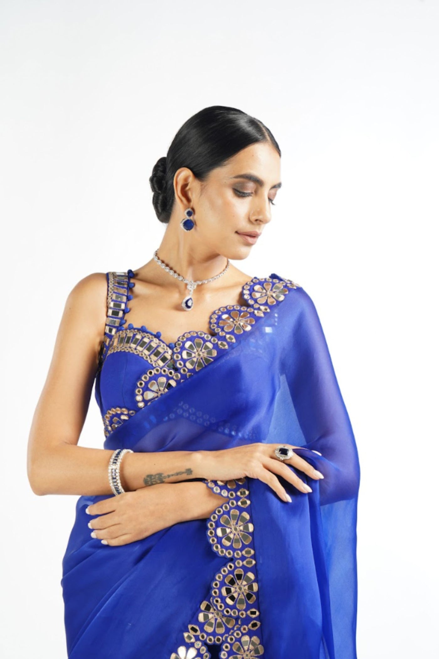 V Vani Vats Royal Blue Mirror Scallop Saree Set indian designer wear online shopping melange singapore