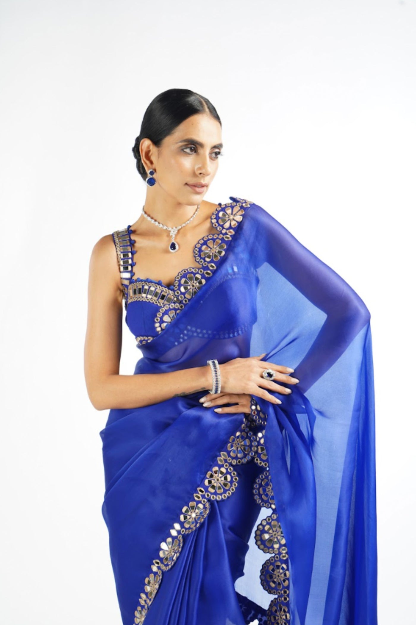 V Vani Vats Royal Blue Mirror Scallop Saree Set indian designer wear online shopping melange singapore