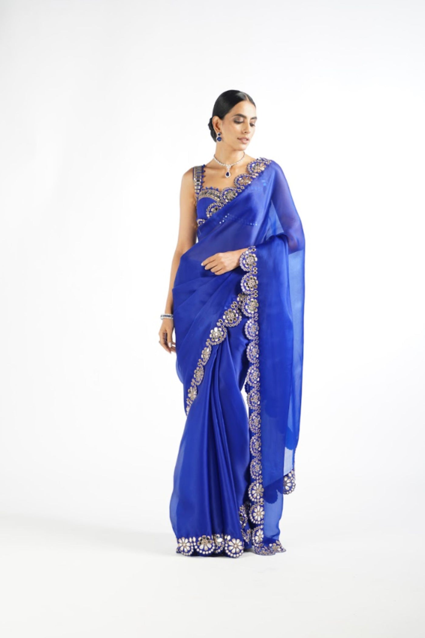 V Vani Vats Royal Blue Mirror Scallop Saree Set indian designer wear online shopping melange singapore