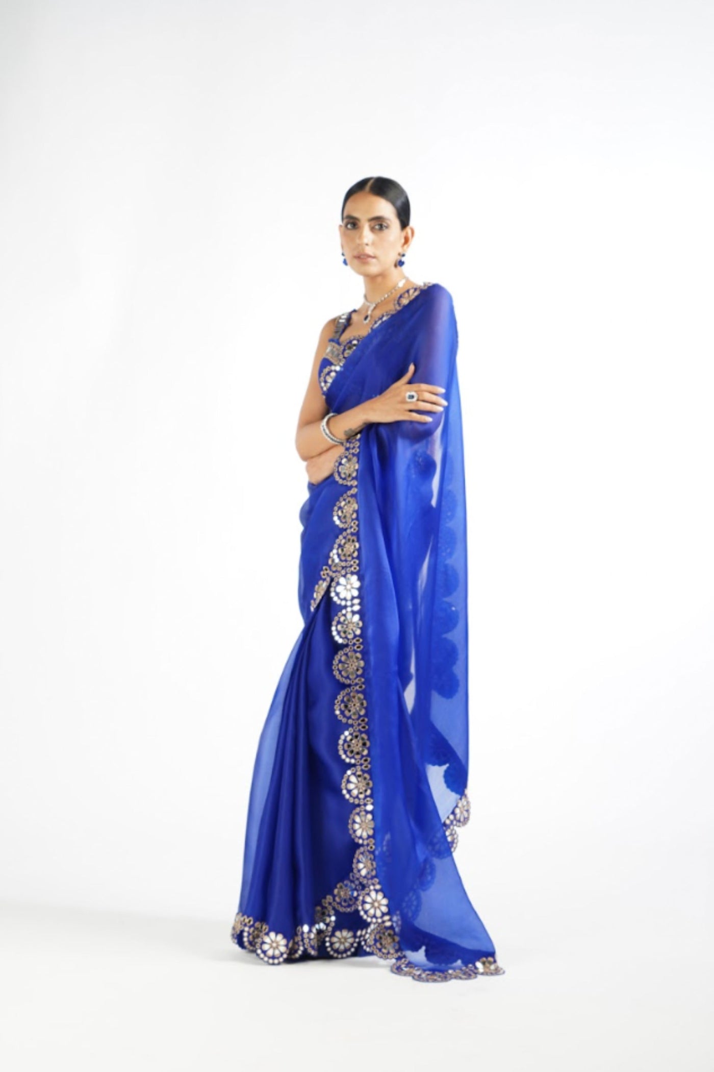 V Vani Vats Royal Blue Mirror Scallop Saree Set indian designer wear online shopping melange singapore