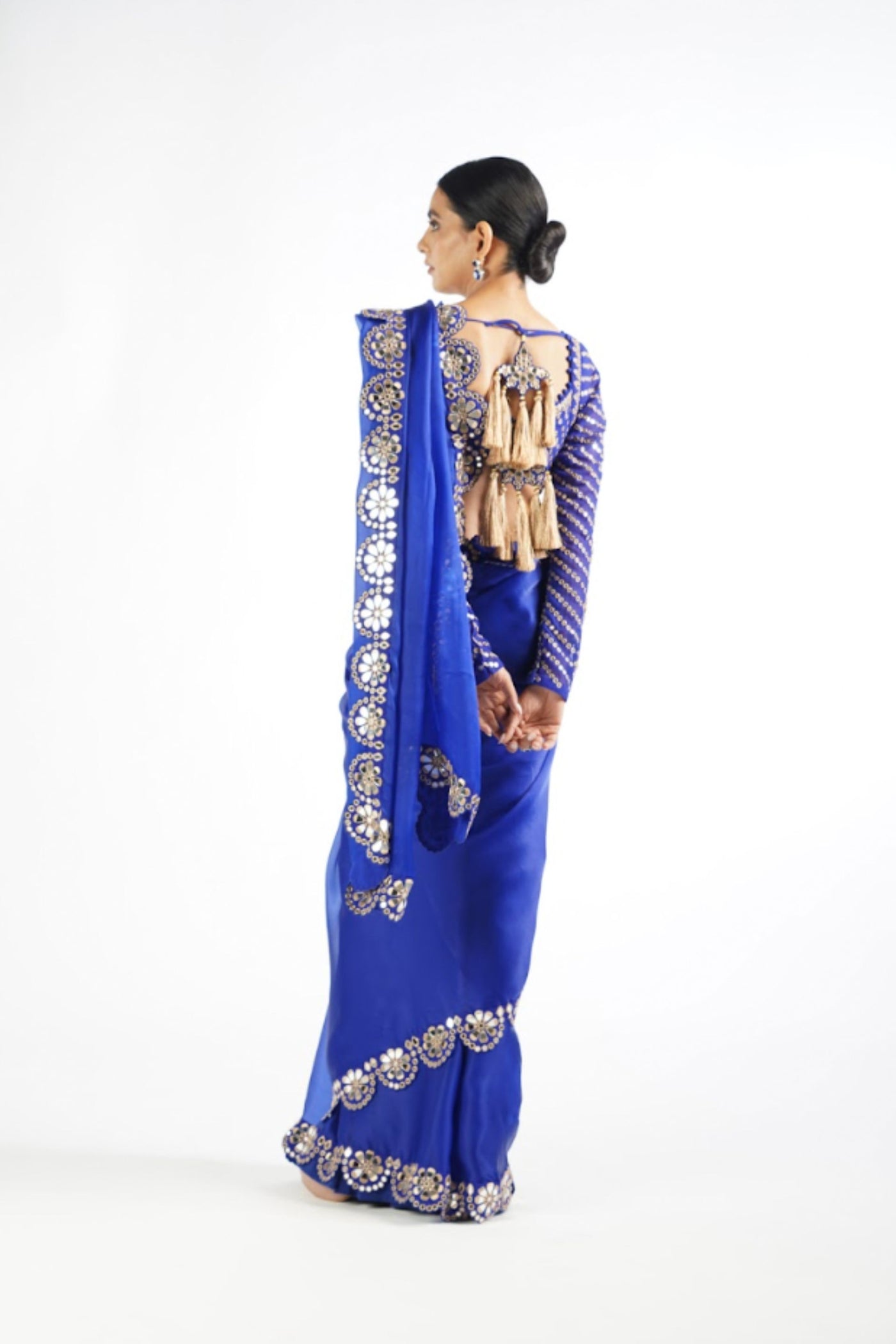 V Vani Vats Royal Blue Mirror Work Blouse Saree Set indian designer wear online shopping melange singapore