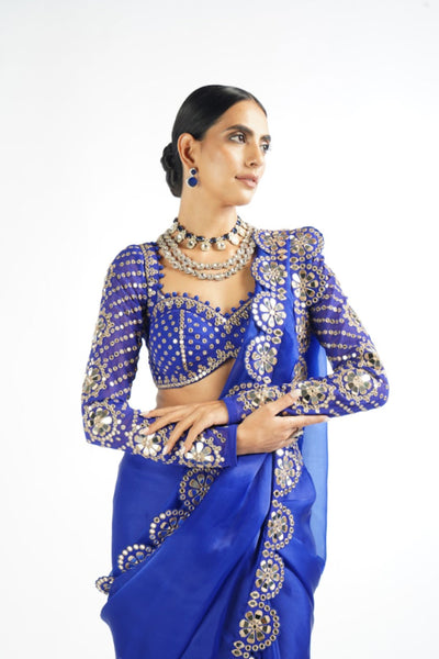 V Vani Vats Royal Blue Mirror Work Blouse Saree Set indian designer wear online shopping melange singapore