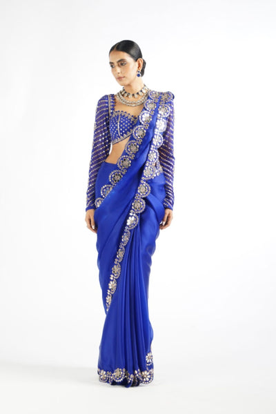 V Vani Vats Royal Blue Mirror Work Blouse Saree Set indian designer wear online shopping melange singapore