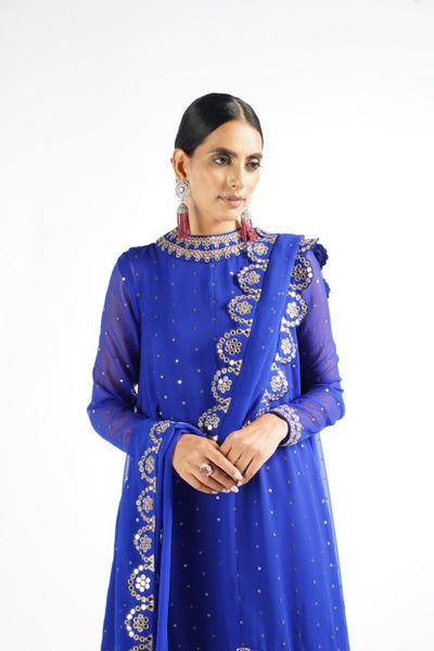 V Vani Vats Royal Blue Scallop Pant Kurta Set Indian designer wear online shopping melange singapore