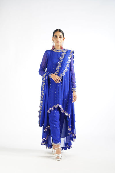 V Vani Vats Royal Blue Scallop Pant Kurta Set Indian designer wear online shopping melange singapore