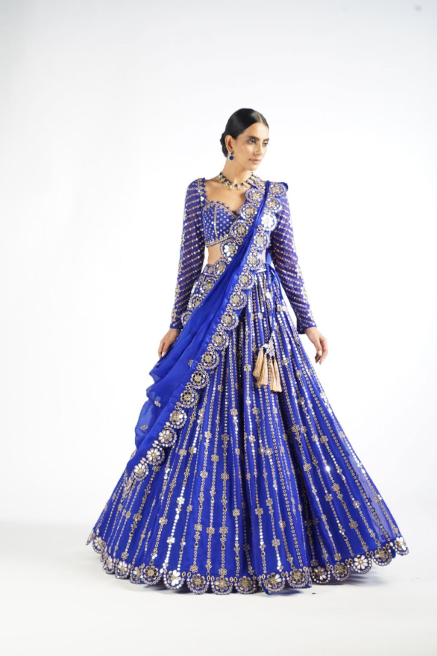 V Vani Vats Royal Blue Small Flower Linear Lehenga Set indian designer wear online shopping melange singapore