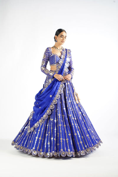 V Vani Vats Royal Blue Small Flower Linear Lehenga Set indian designer wear online shopping melange singapore