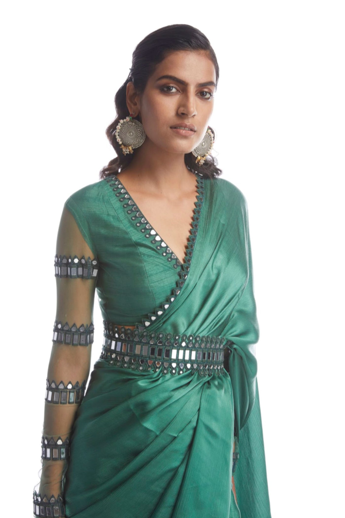 V Vani Vats Sage Green Satin Chiffon Saree Indian designer wear online shopping melange singapore