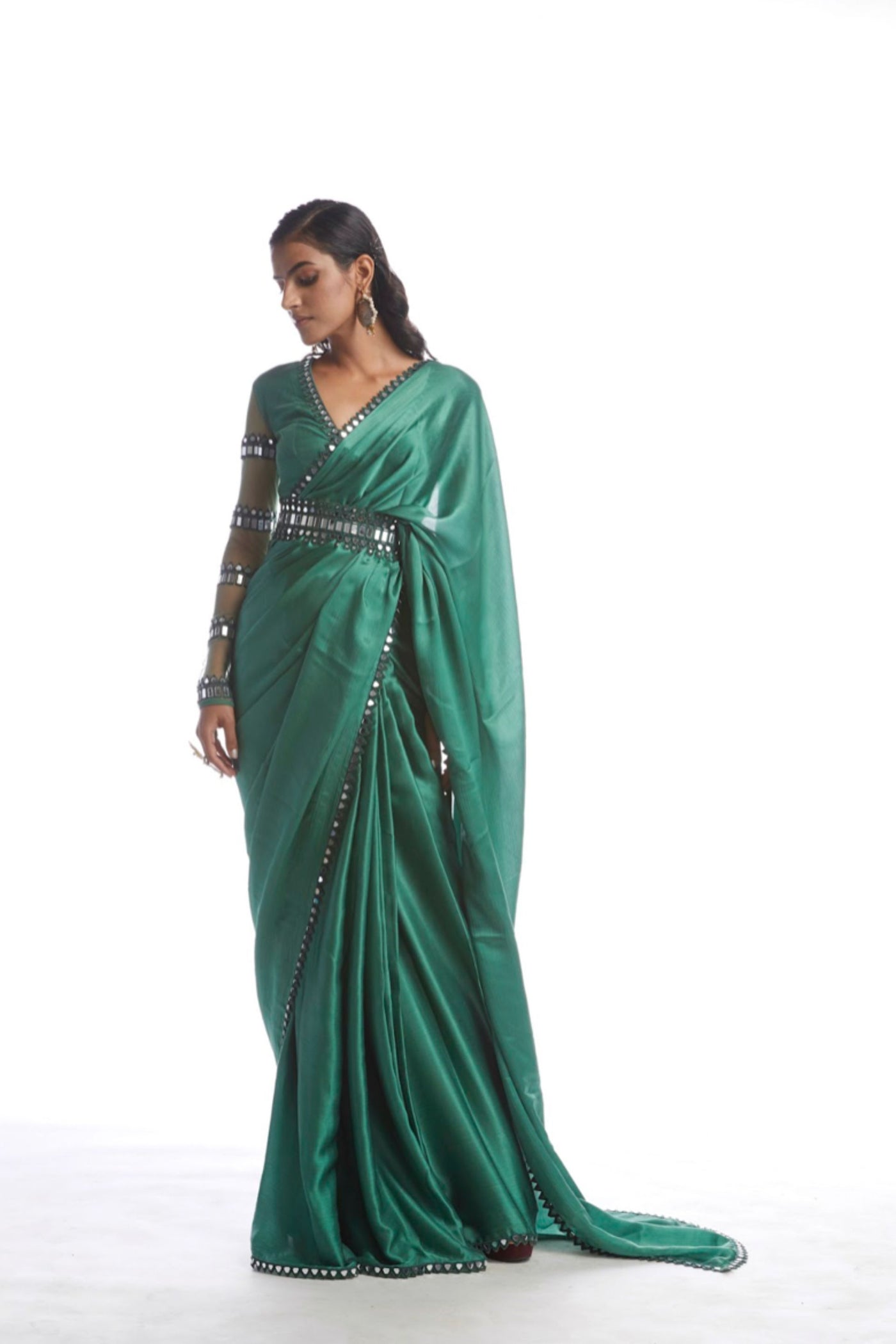 V Vani Vats Sage Green Satin Chiffon Saree Indian designer wear online shopping melange singapore
