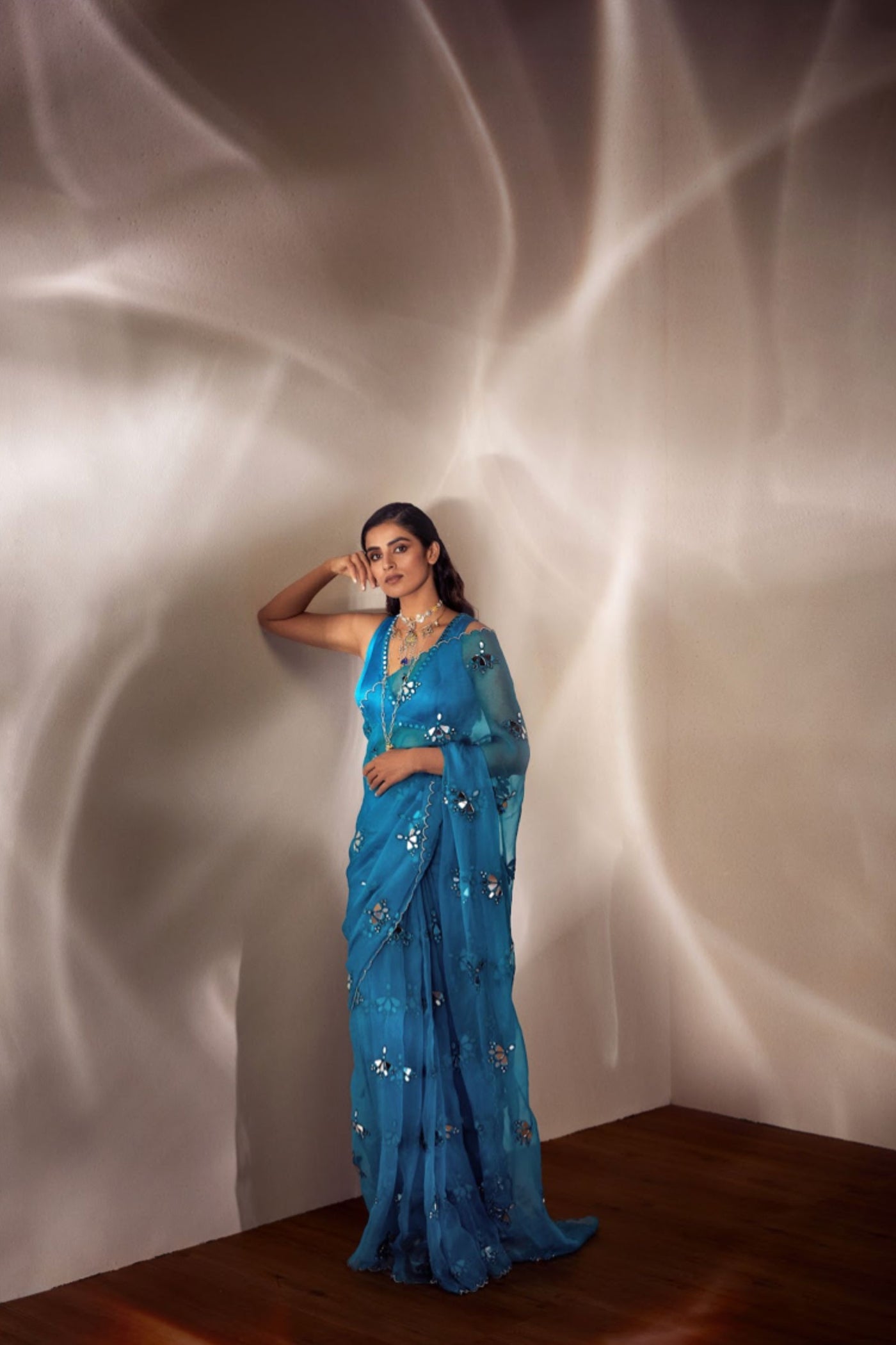 V Vani Vats Turquoise Blue Mirror Cut Work Saree Set Indian designer wear online shopping melange singapore
