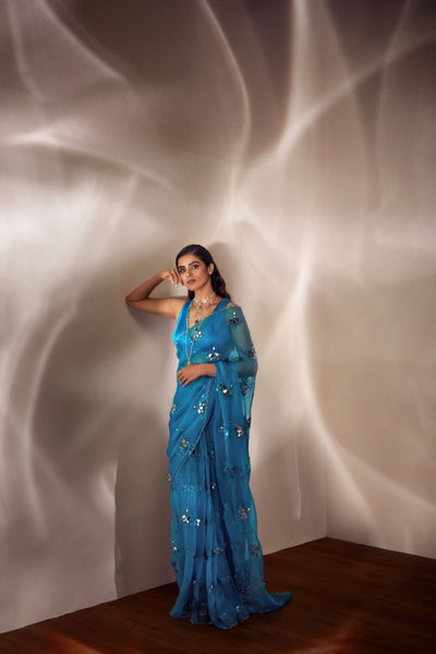 V Vani Vats Turquoise Blue Mirror Cut Work Saree Set Indian designer wear online shopping melange singapore