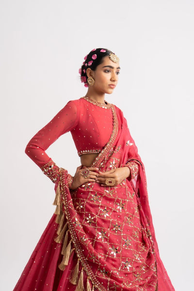 V Vani Vats Deep Coral Silk Organza Heavy Dupatta Lehenga Set indian designer wear online shopping melange singapore