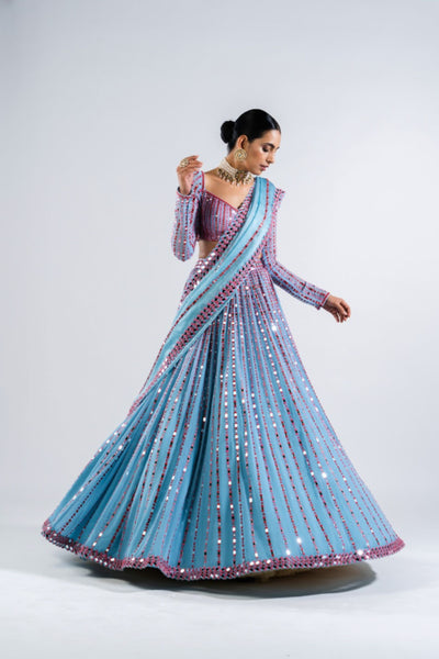 V Vani Vats Ice Blue Linear Drop Lehenga Set Indian designer wear online shopping melange singapore