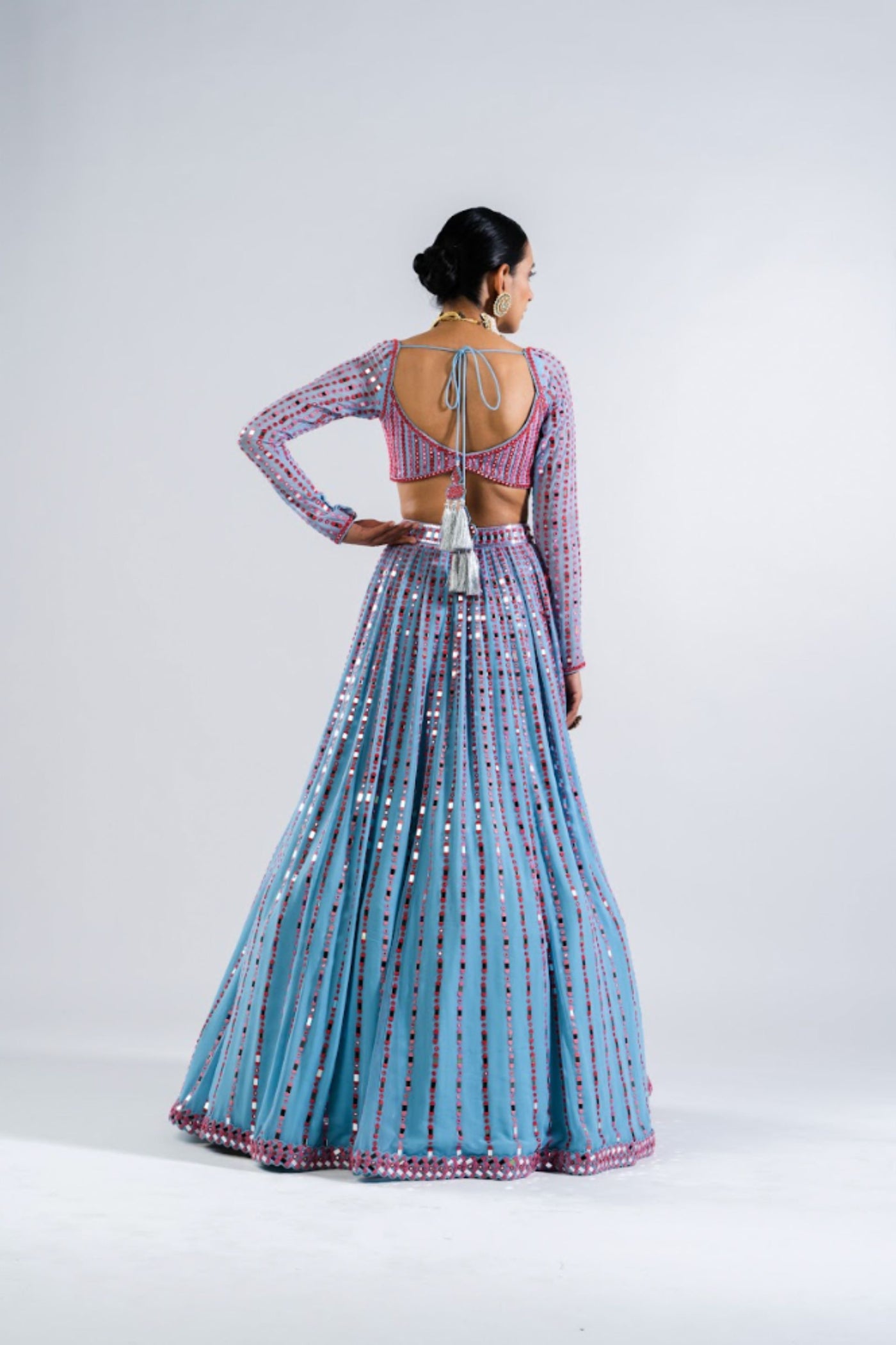 V Vani Vats Ice Blue Linear Drop Lehenga Set Indian designer wear online shopping melange singapore