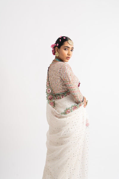 V Vani Vats White Hand Cut Mirror Border Saree Set indian designer wear online shopping melange singapore