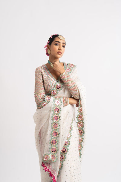 V Vani Vats White Hand Cut Mirror Border Saree Set indian designer wear online shopping melange singapore