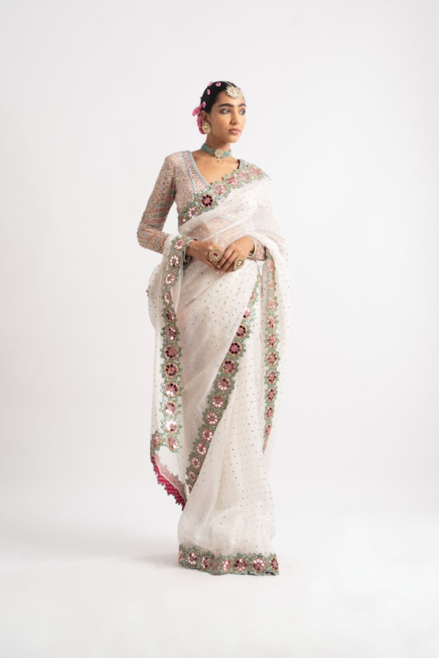 V Vani Vats White Hand Cut Mirror Border Saree Set indian designer wear online shopping melange singapore