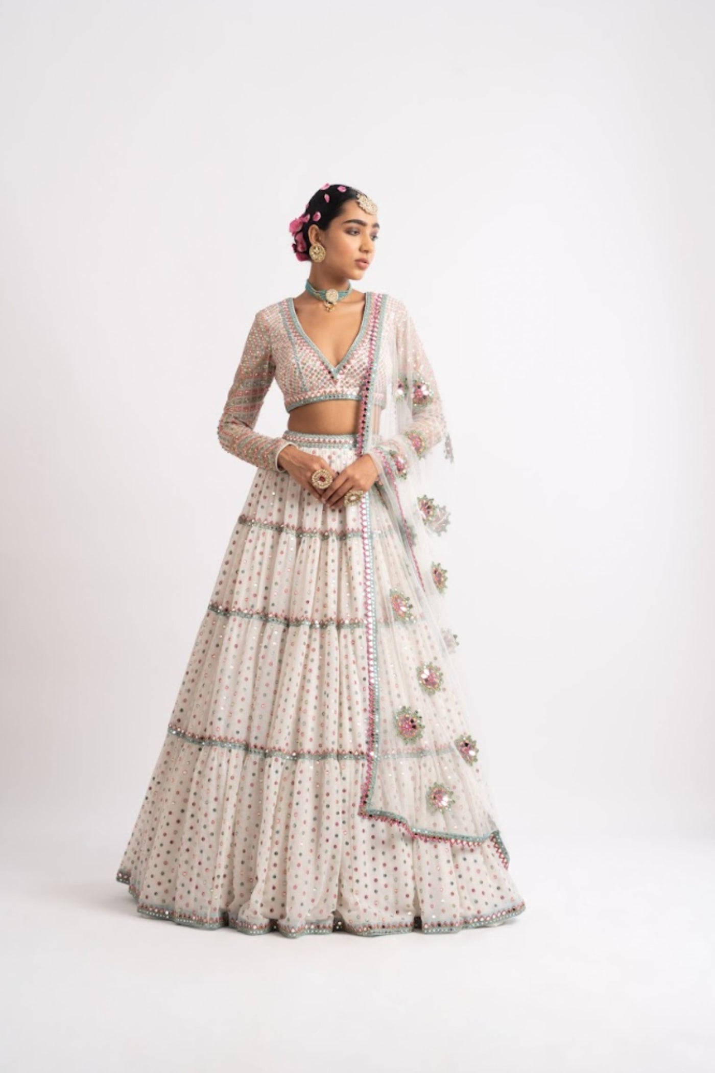 V Vani Vats White Multi Tier Multi Color Lehenga Set indian designer wear online shopping melange singapore