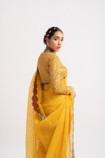 V Vani Vats Yellow Hand Cut Mirror Border Saree Set indian designer wear online shopping melange singapore