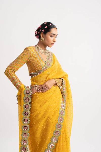 V Vani Vats Yellow Hand Cut Mirror Border Saree Set indian designer wear online shopping melange singapore