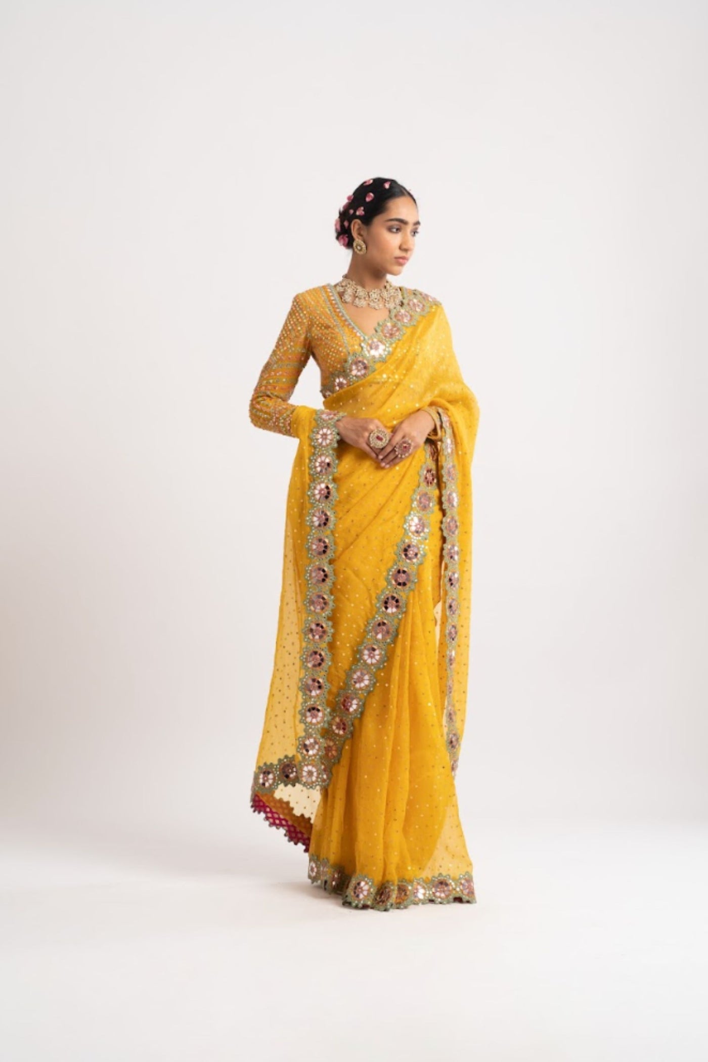 V Vani Vats Yellow Hand Cut Mirror Border Saree Set indian designer wear online shopping melange singapore