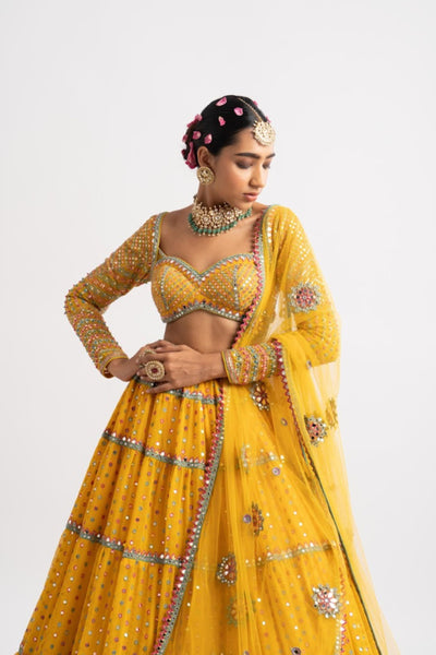 V Vani Vats Yellow Multi Tier Multi Color Lehenga Set indian designer wear online shopping melange singapore