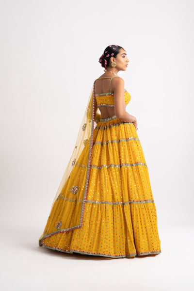 V Vani Vats Yellow Noodle Strap Multi Tier Lehenga Set indian designer wear online shopping melange singapore