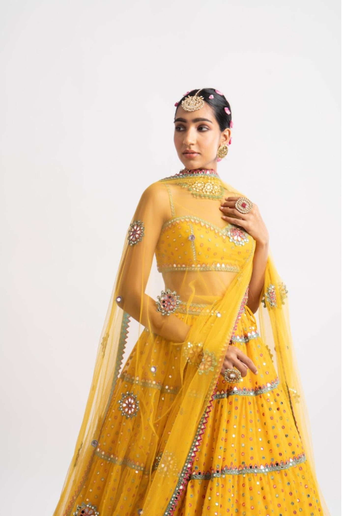 V Vani Vats Yellow Noodle Strap Multi Tier Lehenga Set indian designer wear online shopping melange singapore