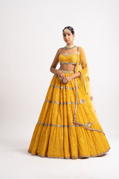 V Vani Vats Yellow Noodle Strap Multi Tier Lehenga Set indian designer wear online shopping melange singapore