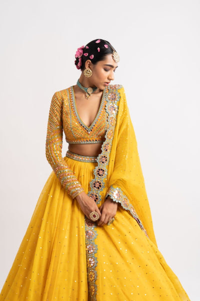 V Vani Vats Yellow Silk Organza Lehenga Set indian designer wear online shopping melange singapore