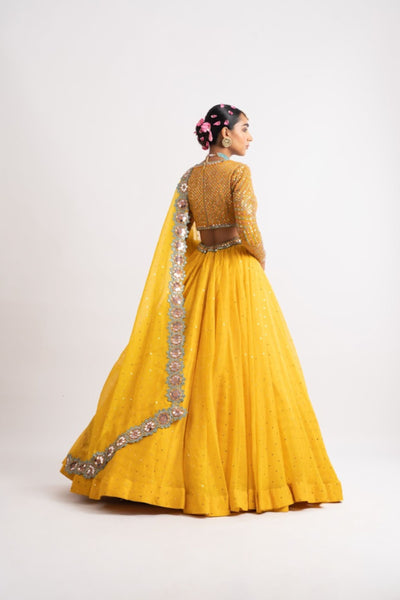 V Vani Vats Yellow Silk Organza Lehenga Set indian designer wear online shopping melange singapore