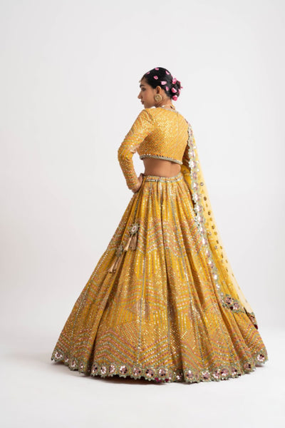 V Vani Vats Yellow V Neck Heavy Multi Color Lehenga Set indian designer wear online shopping melange singapore