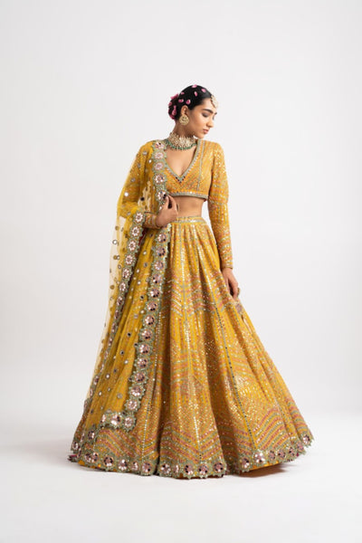 V Vani Vats Yellow Heavy Multi Color Lehenga Set indian designer wear online shopping melange singapore