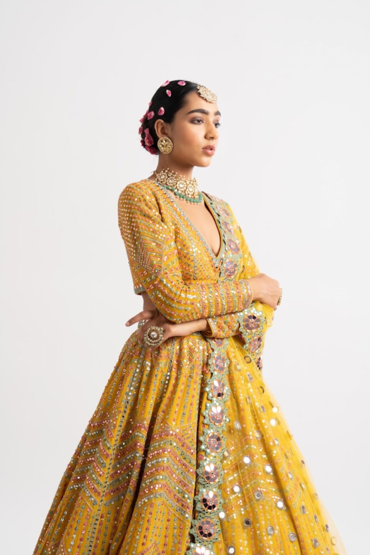 V Vani Vats Yellow V Neck Heavy Multi Color Lehenga Set indian designer wear online shopping melange singapore