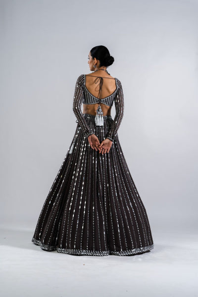 V Vani Vats Charcoal Grey  Linear Drop Lehenga Set Indian designer wear online shopping melange singapore