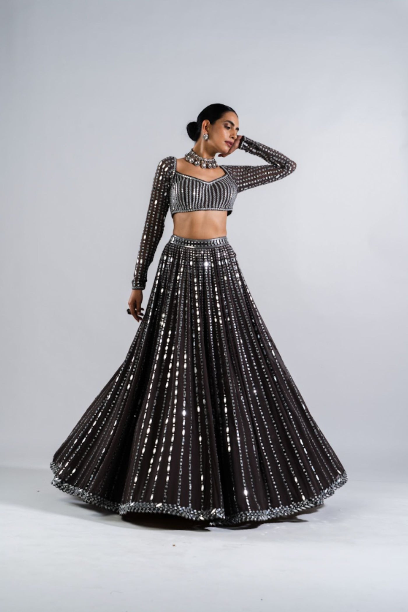 V Vani Vats Charcoal Grey  Linear Drop Lehenga Set Indian designer wear online shopping melange singapore