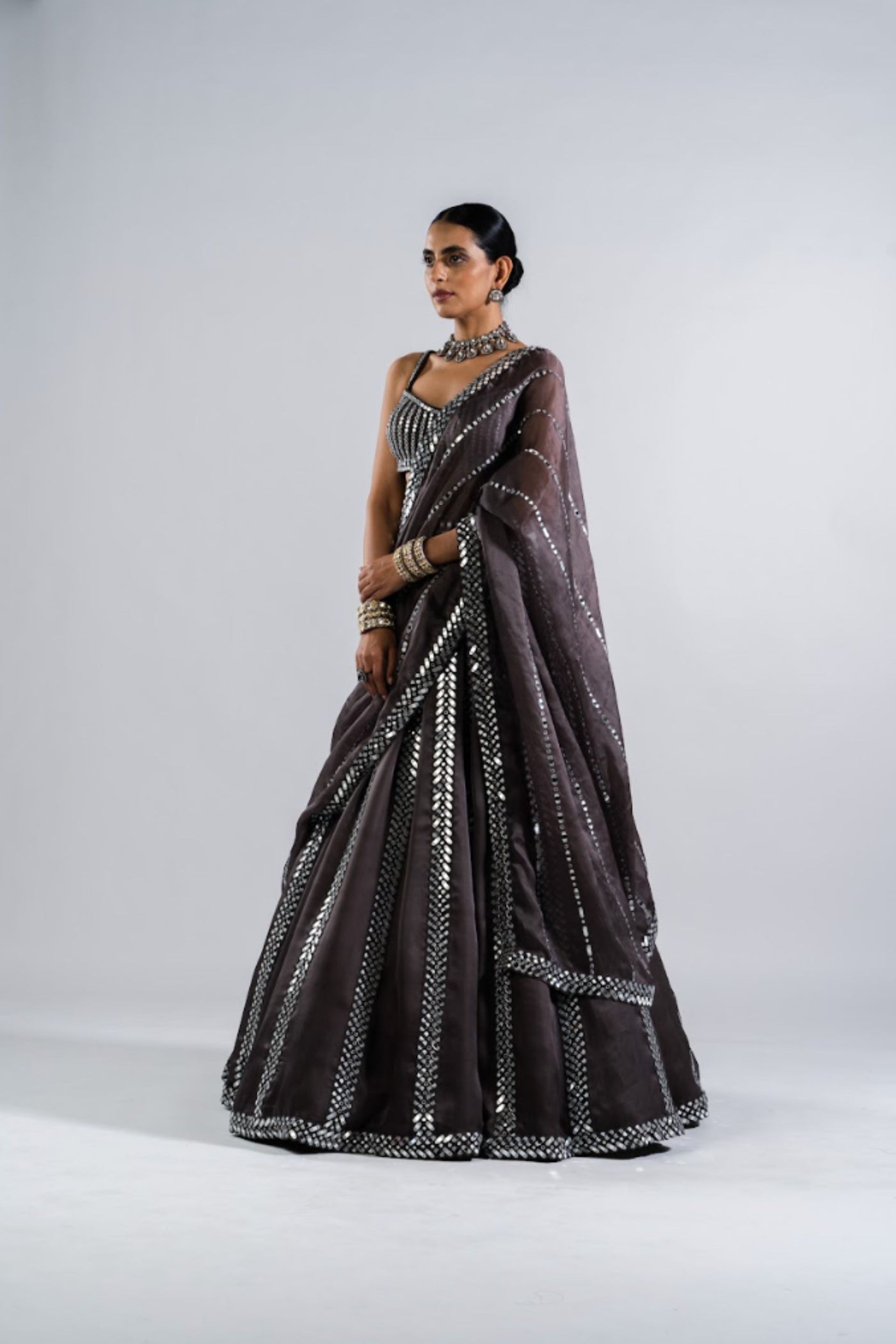 V Vani Vats Charcoal Grey Mirror Seam Lehenga  With Mirror Blouse Indian designer wear online shopping melange singapore