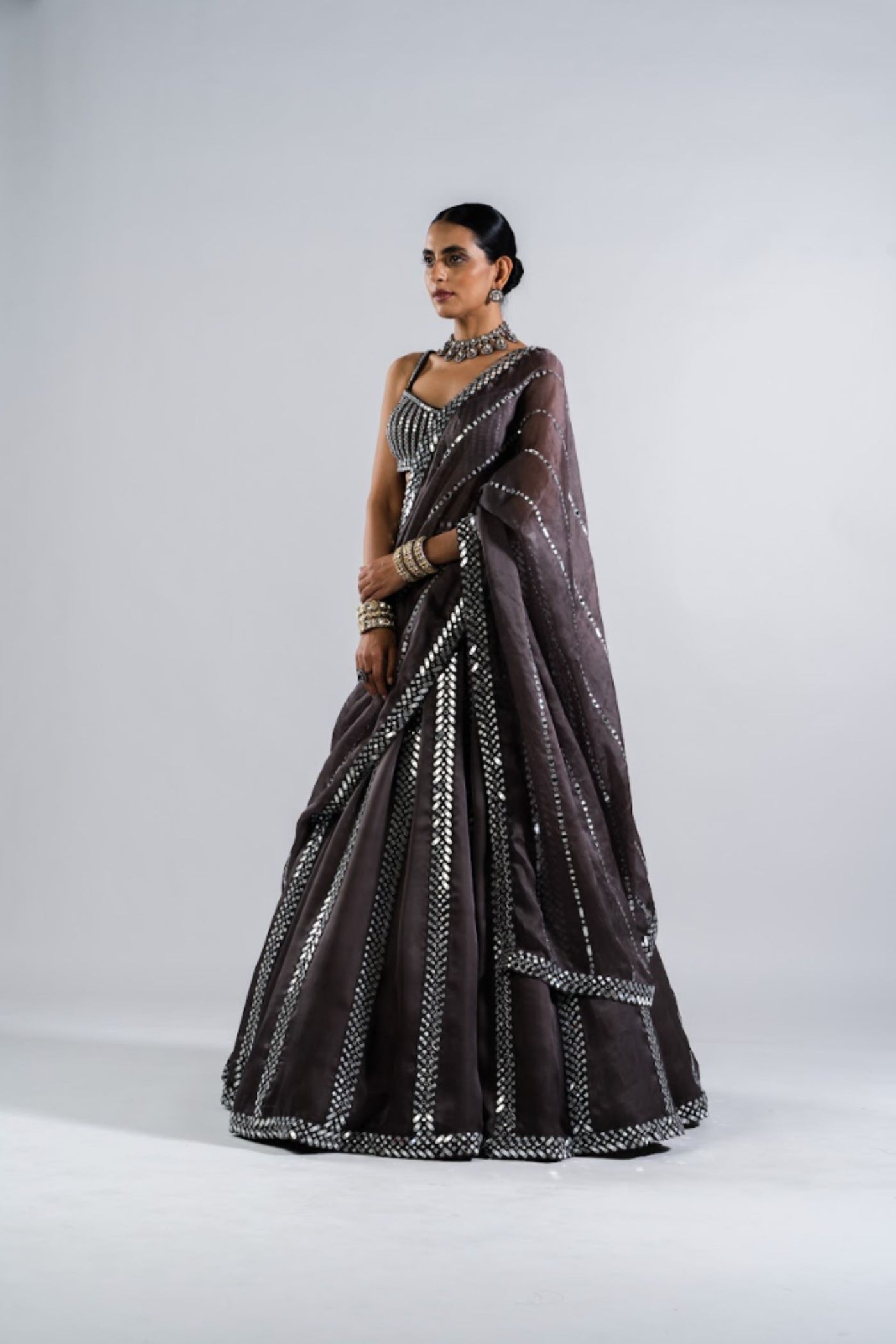 V Vani Vats Charcoal Grey Mirror Seam Lehenga  With Mirror Blouse Indian designer wear online shopping melange singapore