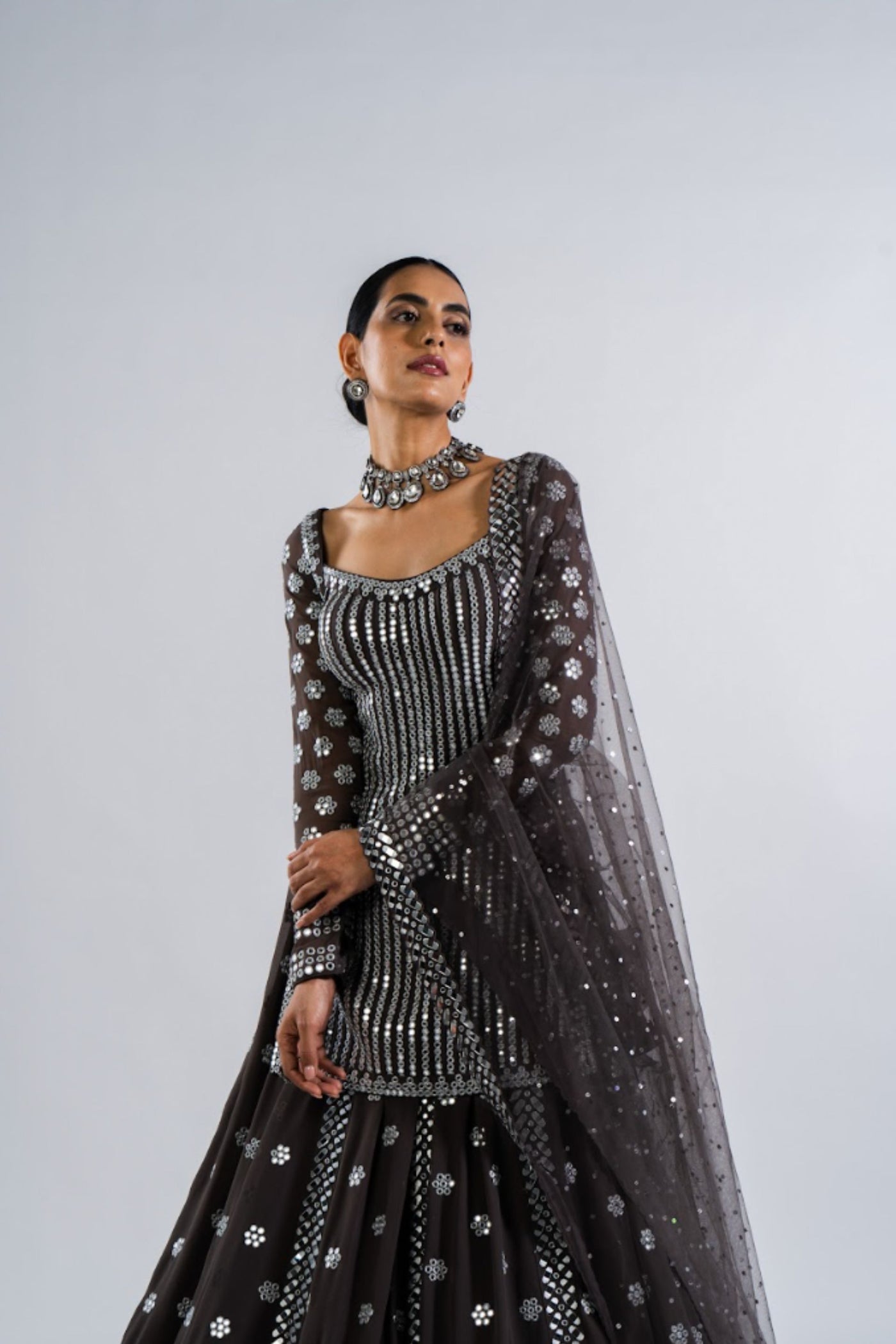 V Vani Vats Charcoal Grey Mirror Work Kurta  Lehenga Set Indian designer wear online shopping melange singapore