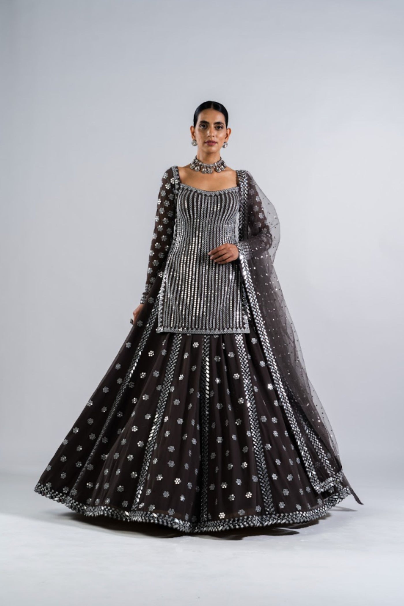 V Vani Vats Charcoal Grey Mirror Work Kurta  Lehenga Set Indian designer wear online shopping melange singapore