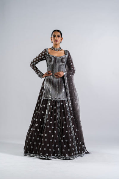 V Vani Vats Charcoal Grey Mirror Work Kurta  Lehenga Set Indian designer wear online shopping melange singapore