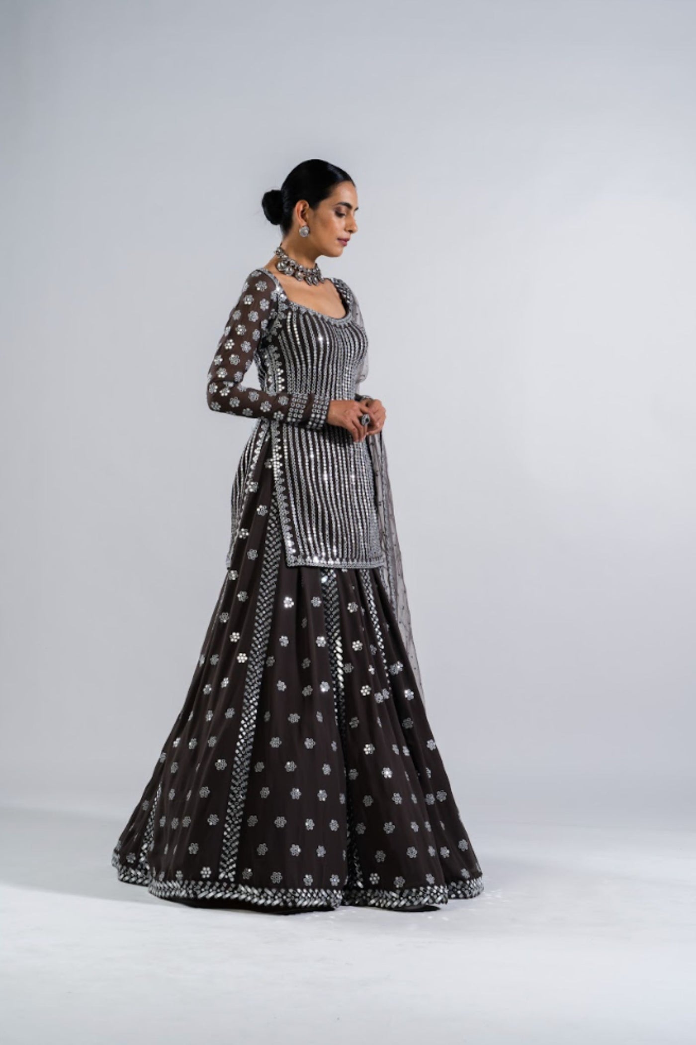 V Vani Vats Charcoal Grey Mirror Work Kurta  Lehenga Set Indian designer wear online shopping melange singapore