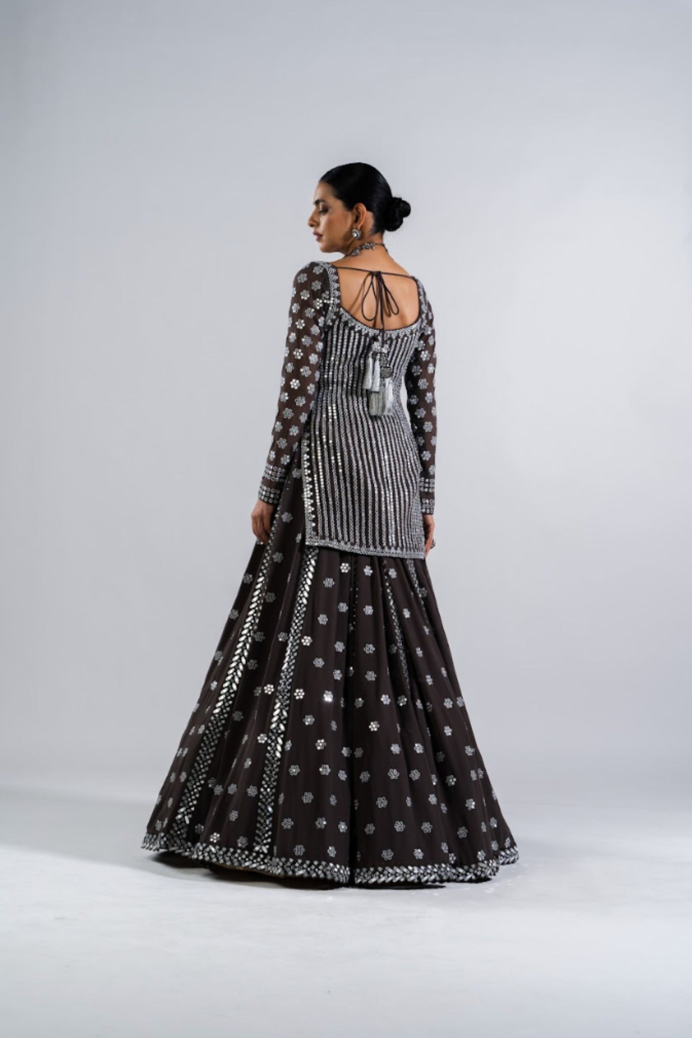 V Vani Vats Charcoal Grey Mirror Work Kurta  Lehenga Set Indian designer wear online shopping melange singapore