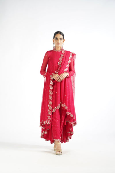 V Vani Vats Crimson Red Scallop Pant Kurta Set Indian designer wear online shopping melange singapore