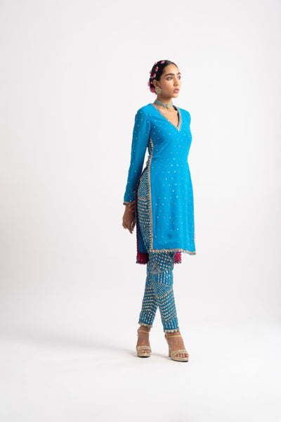 V Vani Vats Firozi V Neck Multi Geo Pant Kurta Set indian designer wear online shopping melange singapore