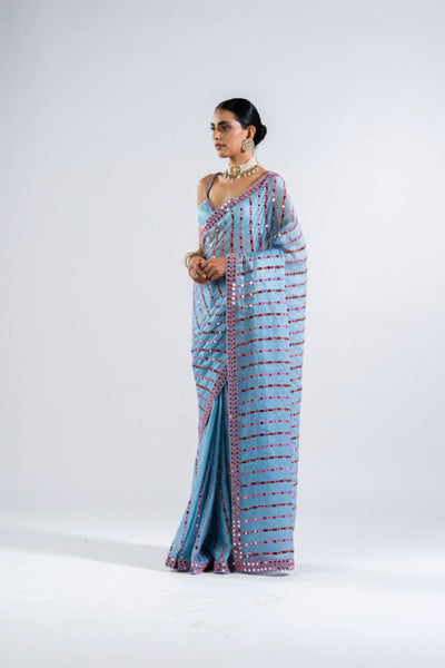 V Vani Vats Ice Blue Heavy  Mirror Work Saree Set Indian designer wear online shopping melange singapore